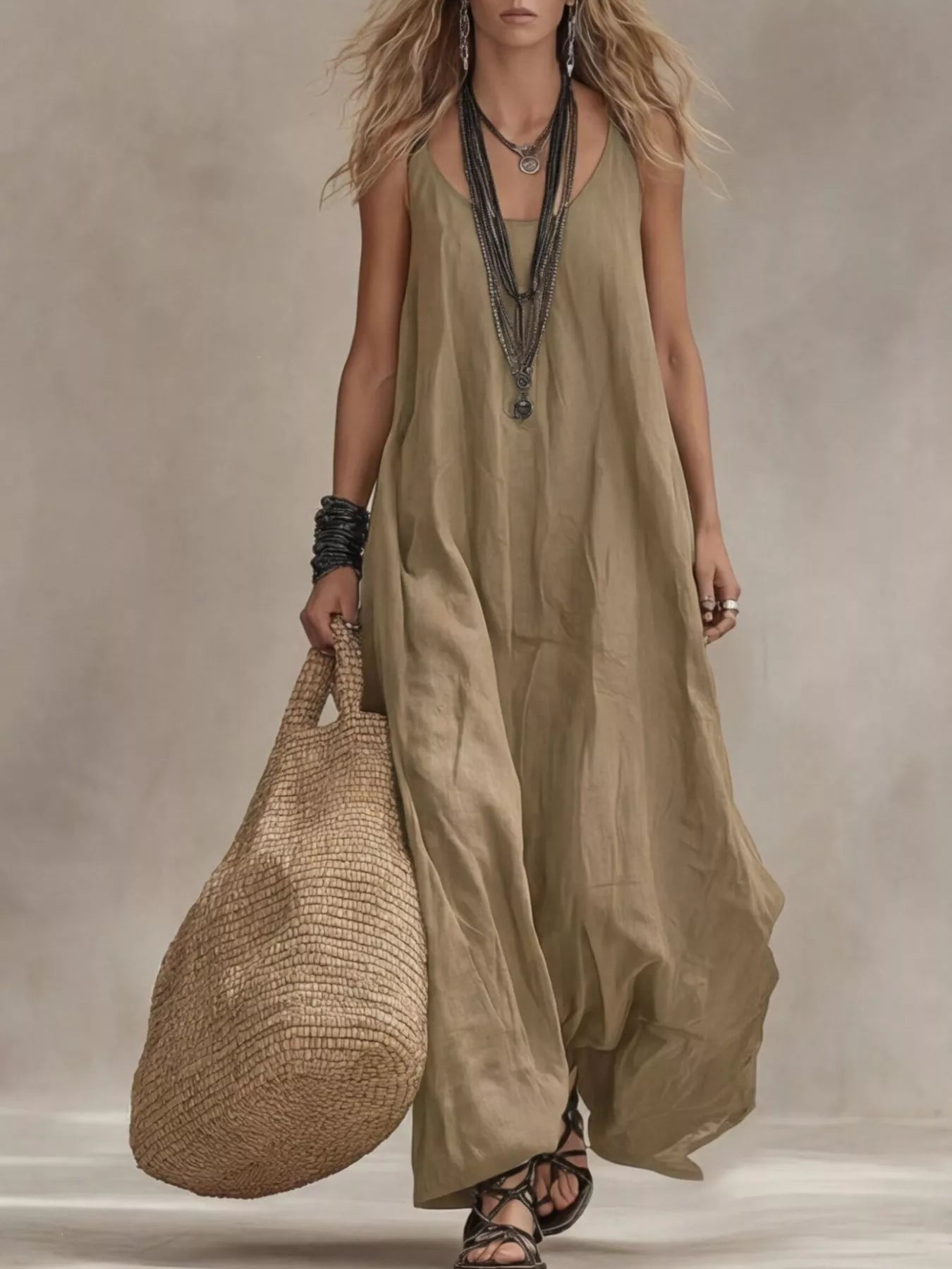 Khaki sleeveless scoop-neck maxi dress with loose, relaxed drape