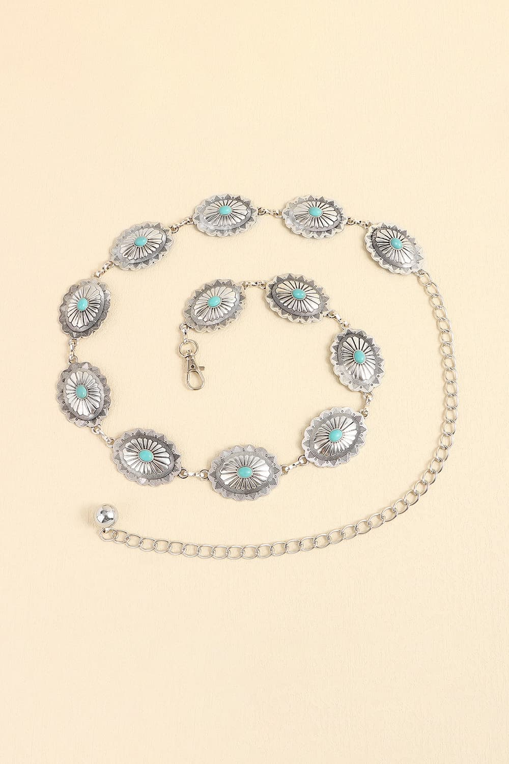 Vintage turquoise alloy belt with round turquoise inlay medallion links and silver chain