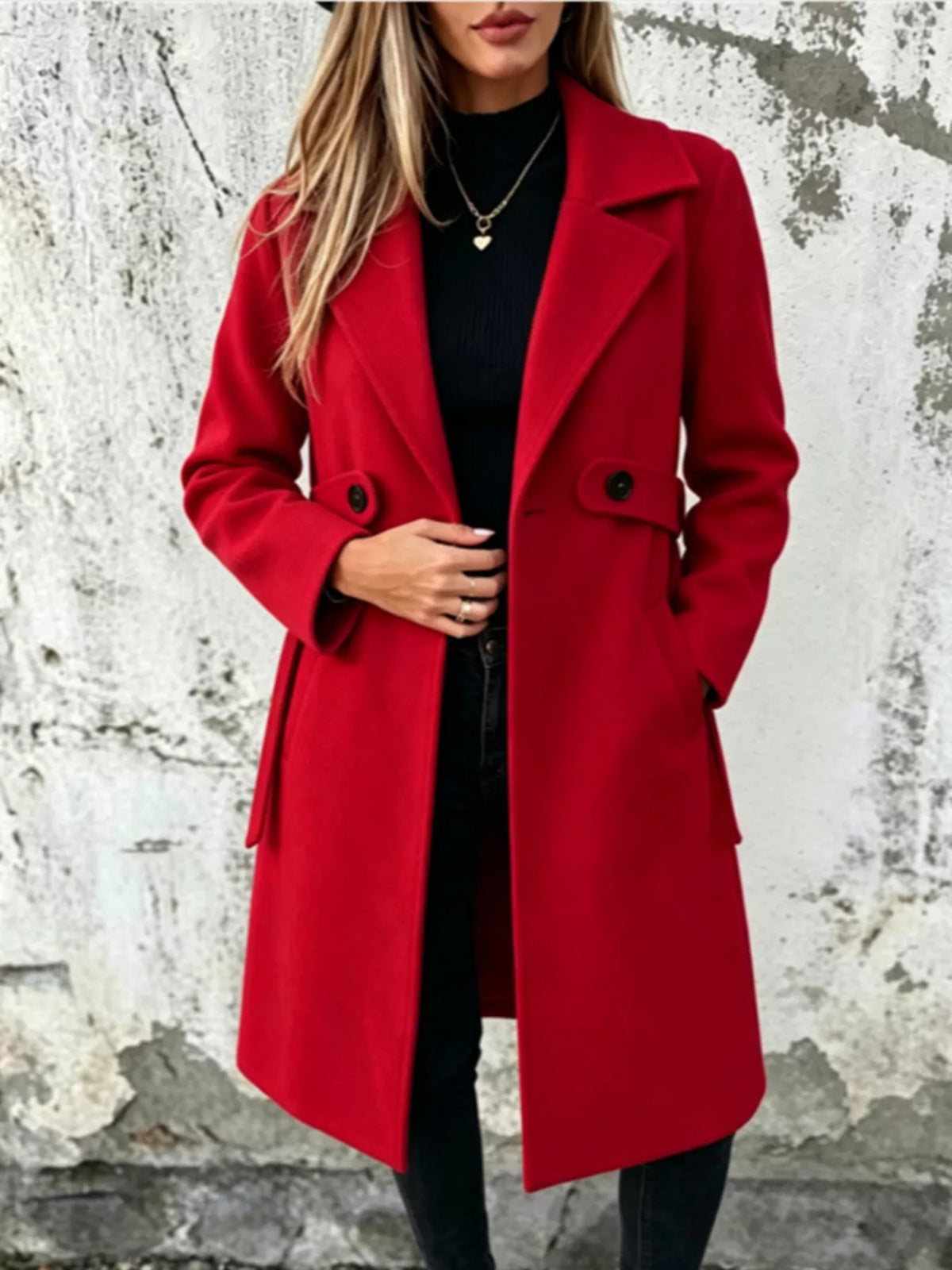 Red longline polyester coat with notched lapel and button flap pockets