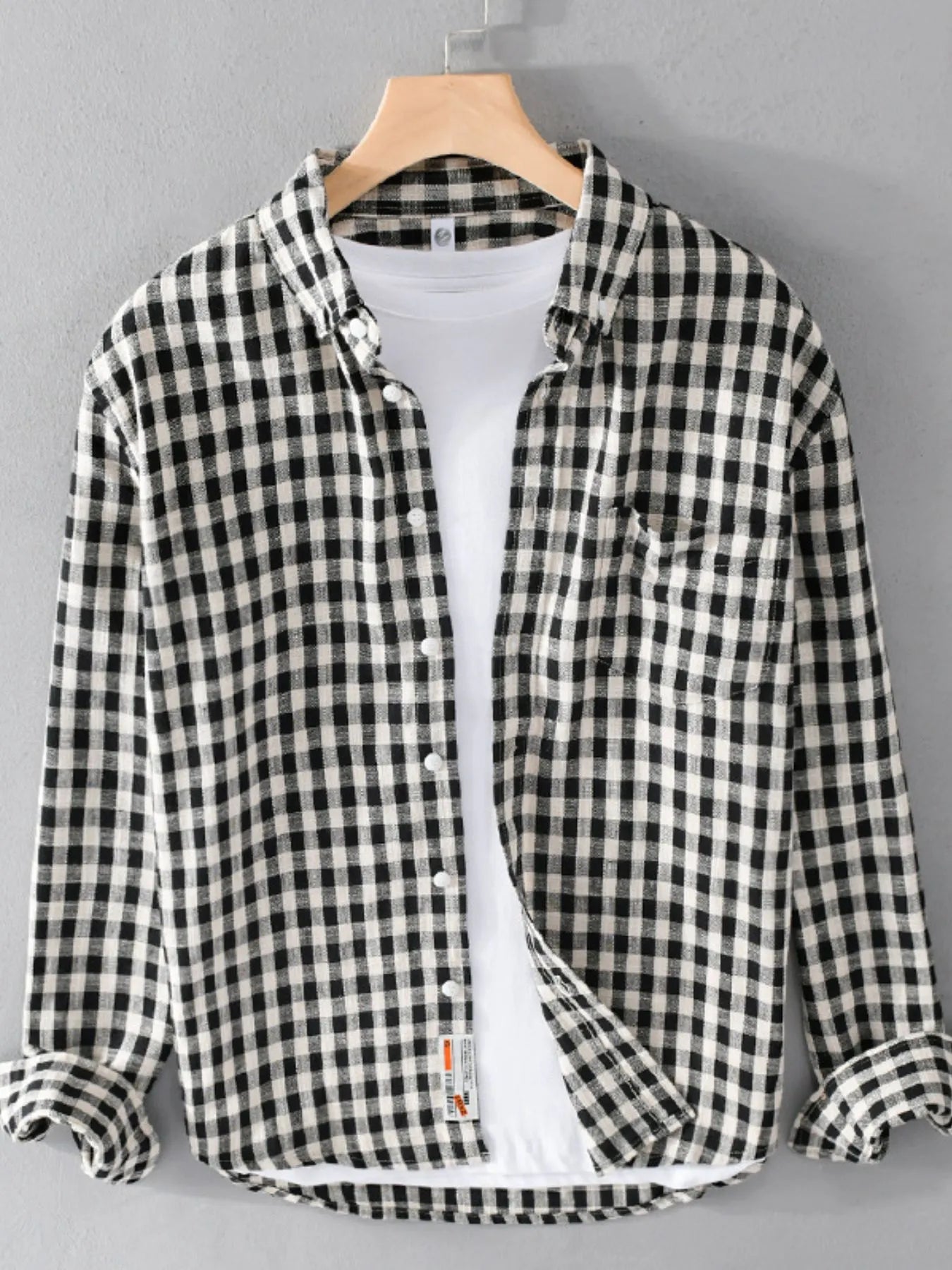 Gingham button-up shirt, black and white check, long sleeves and button front