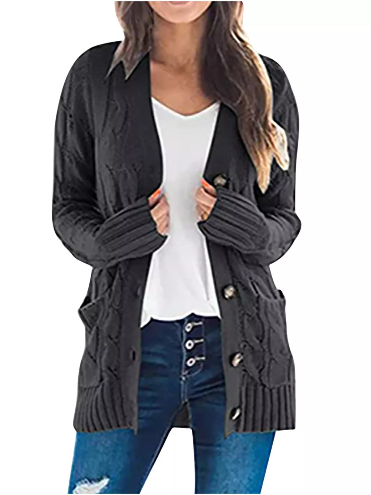 Black chunky cable-knit cardigan with button front and ribbed knit detailing