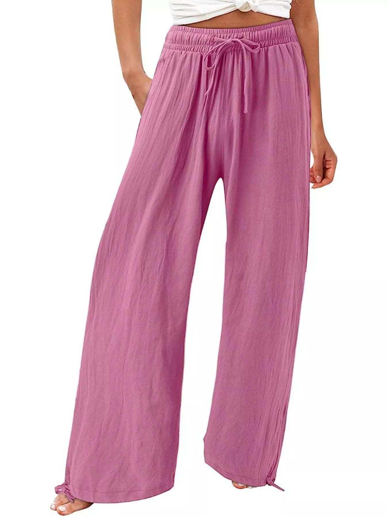 Lilac purple wide-leg pants with drawstring waist and relaxed, roomy legs