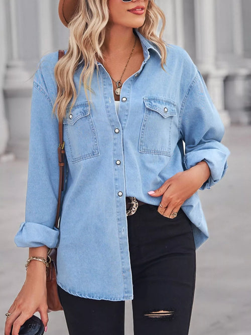 Light blue washed denim button-down shirt with chest pockets and button front