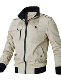 Men's lightweight cotton zip jacket in khaki with stand collar, hood, and ribbed cuffs