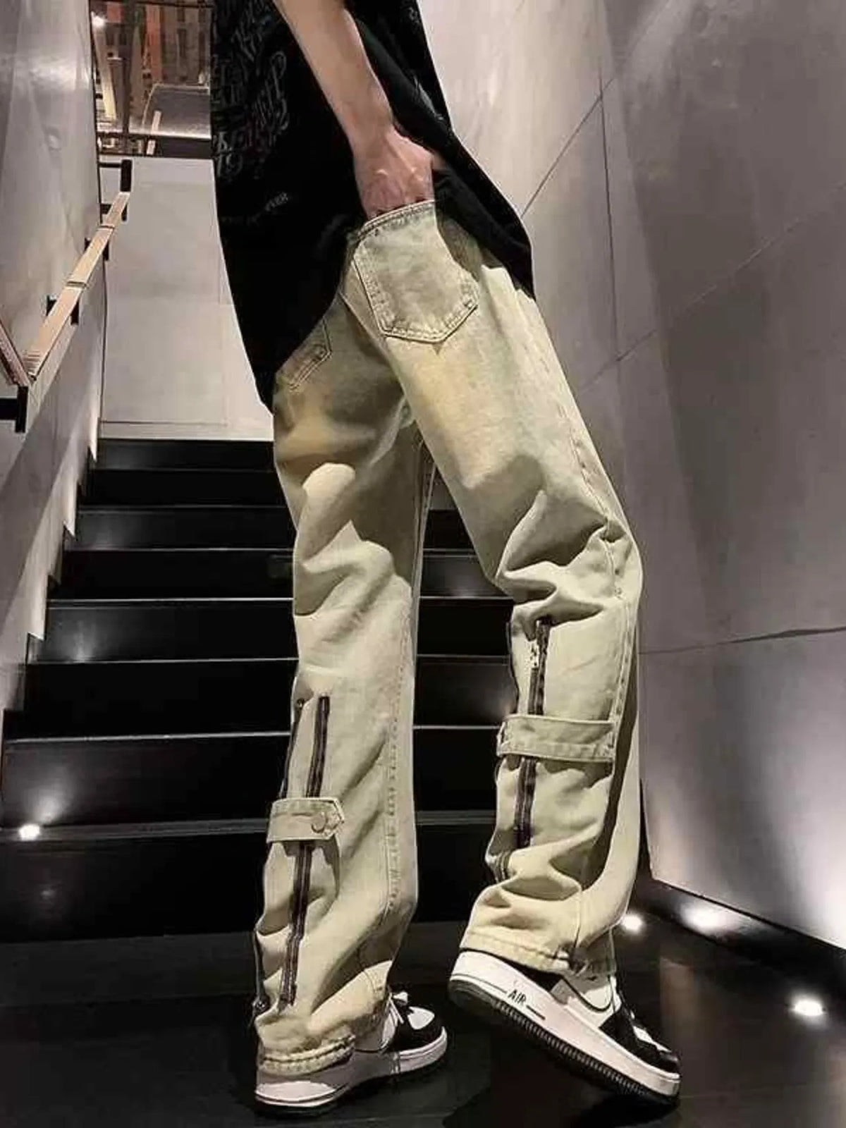 Men's washed wide-leg cotton jeans, light wash with knee strap detail