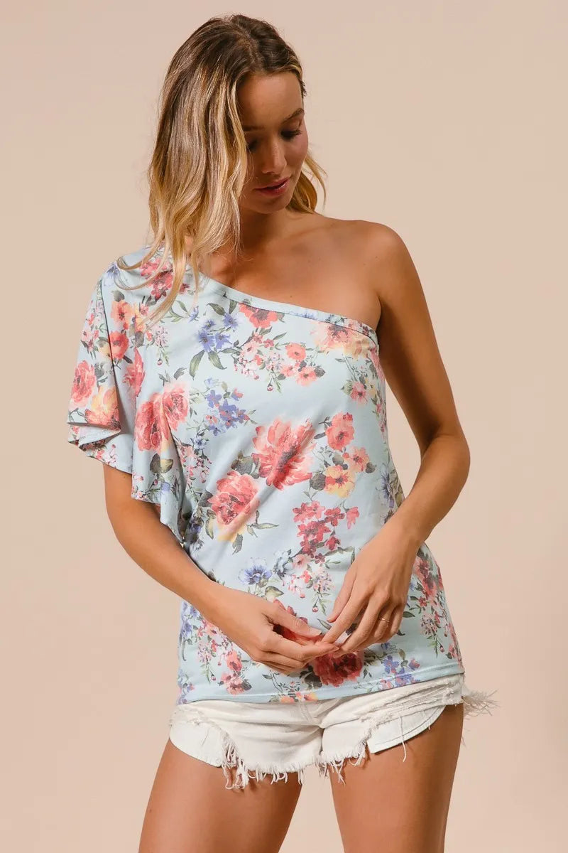 One-shoulder floral jersey top in light blue with fluttery ruffle sleeve