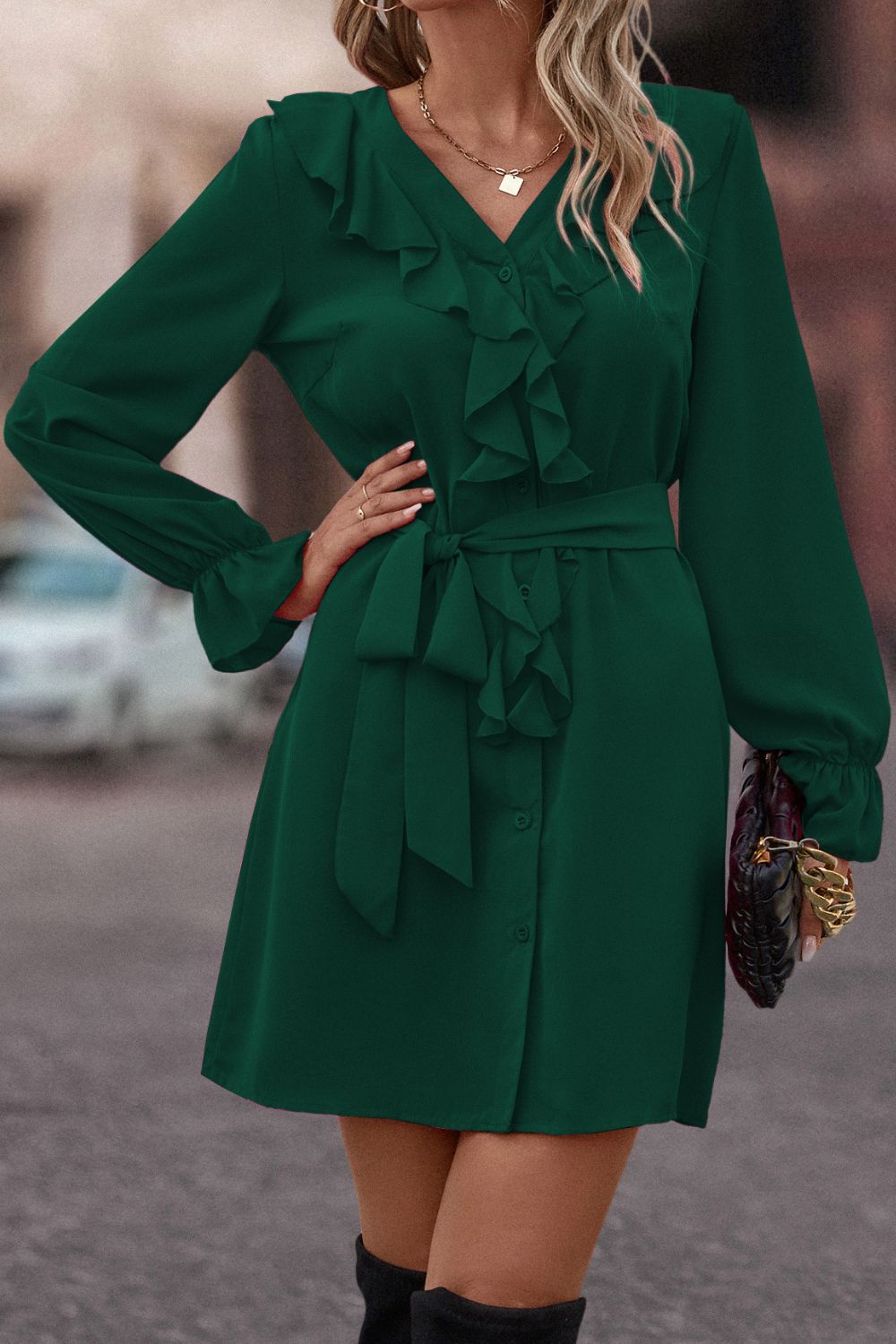 Green V-neck belted dress with layered ruffle front and flounce sleeves