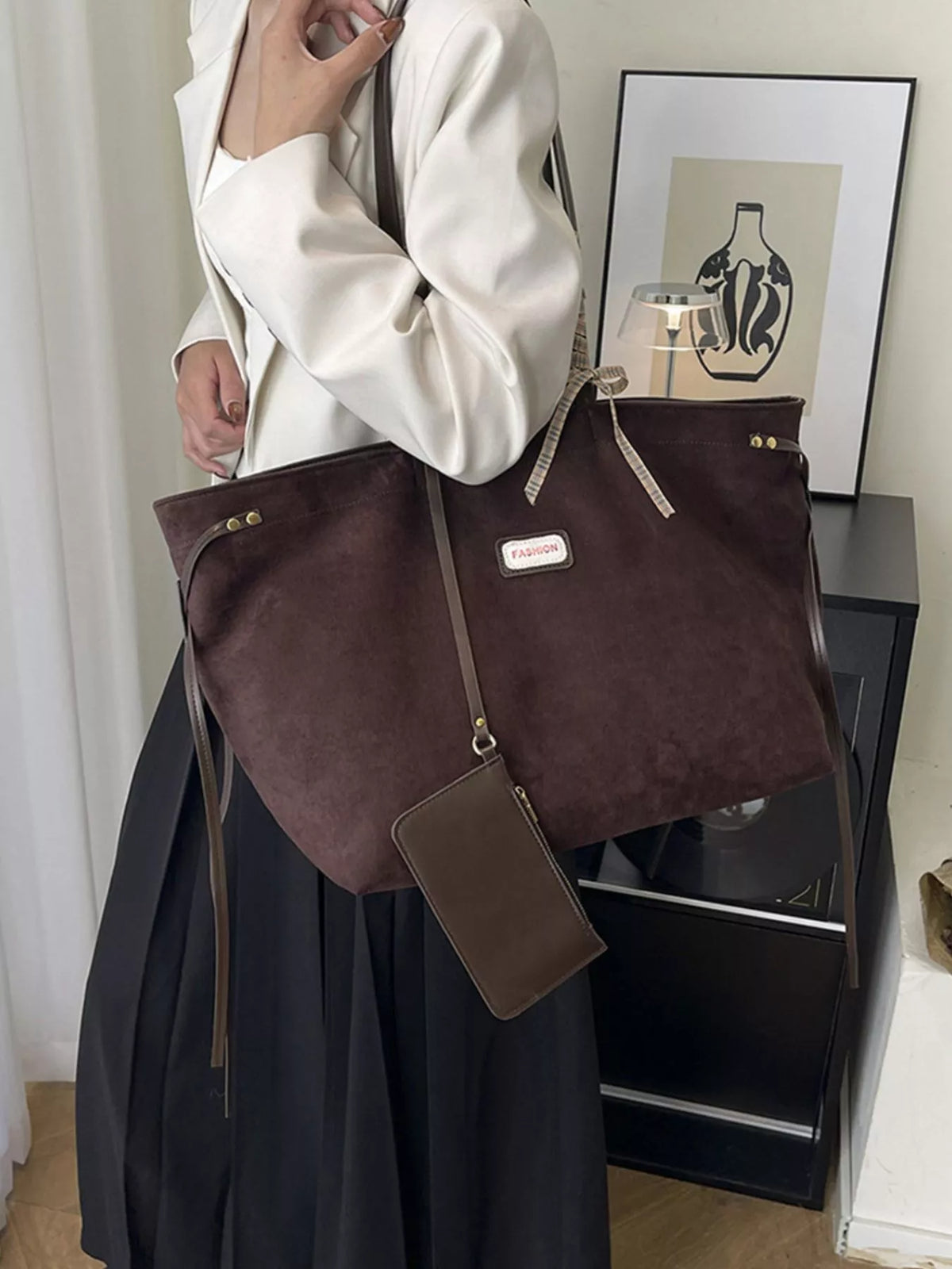 Chocolate suede large tote with drawstring tie top and hanging zip pouch