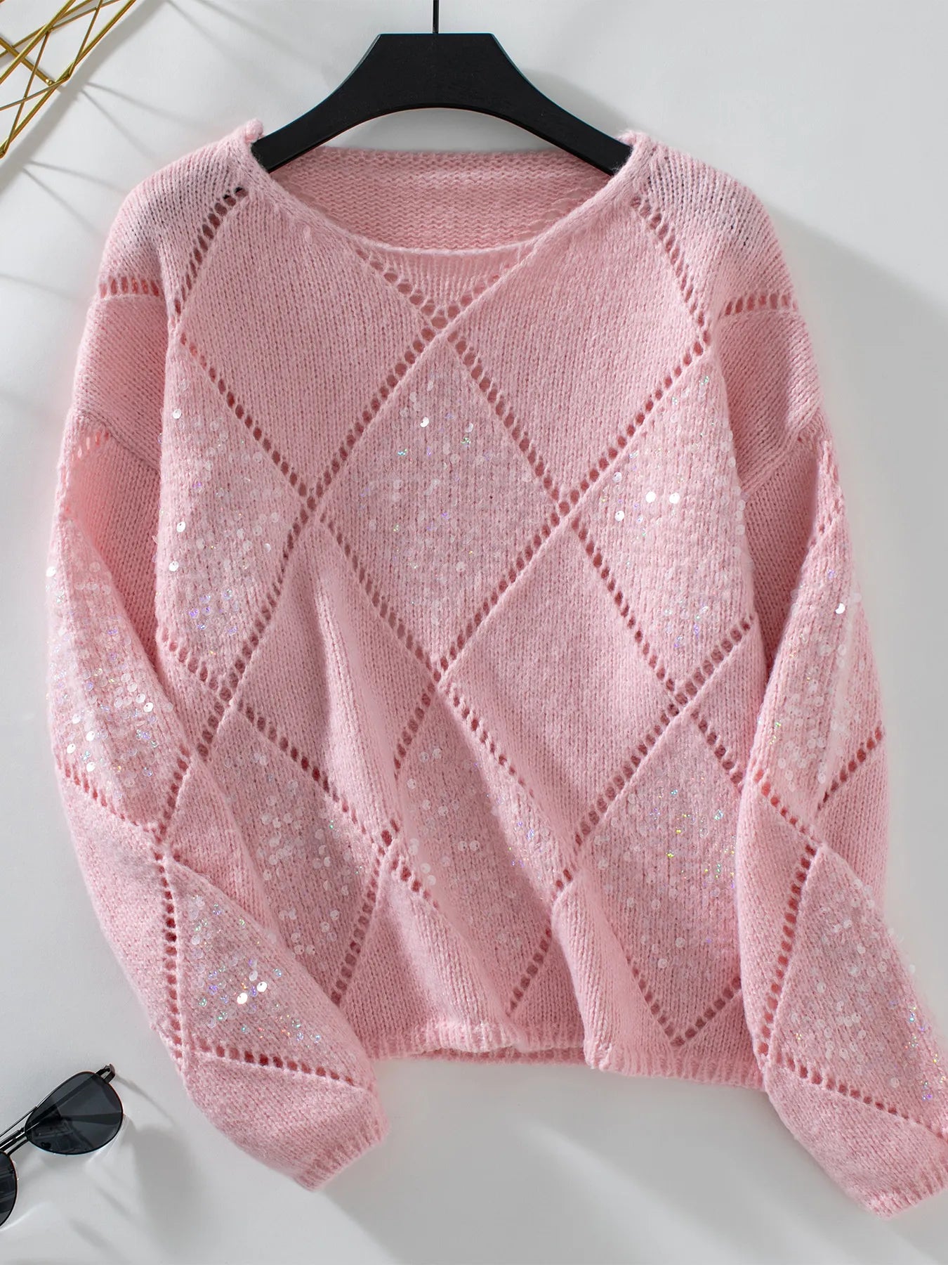 Pink sequin openwork long-sleeve sweater with diamond lattice knit