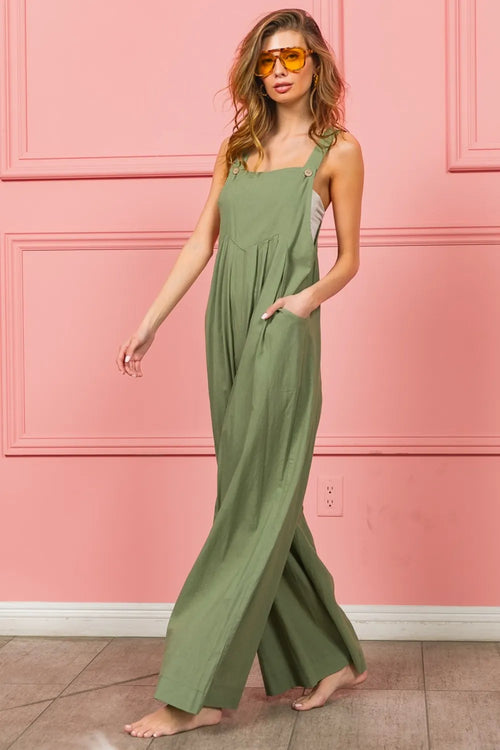 Dust sage ruched wide-leg overalls with pockets, adjustable spaghetti straps