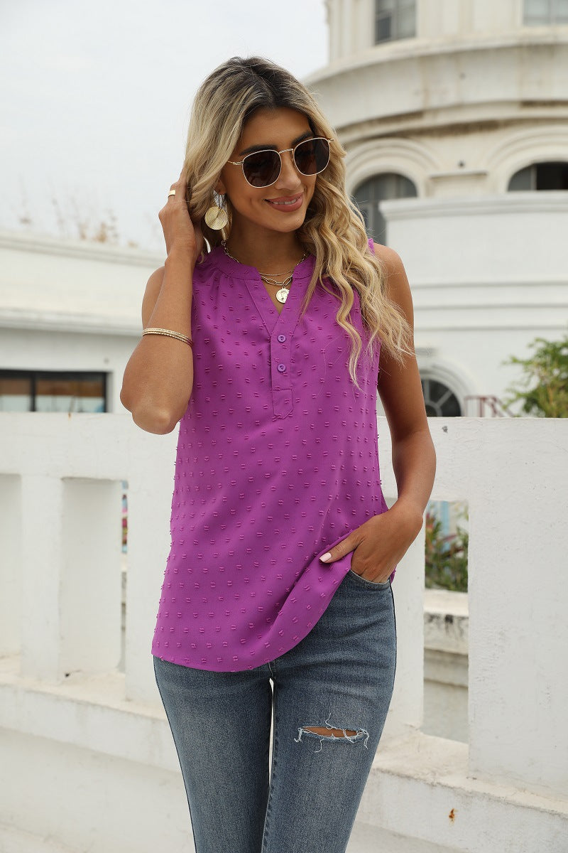 Lavender Swiss-dot notched neck sleeveless tank with front button details