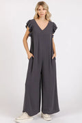 Charcoal v-neck ruffled cap sleeve wide-leg jumpsuit, front view