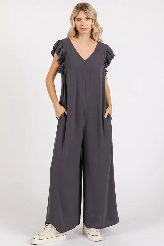 Charcoal v-neck ruffled cap sleeve wide-leg jumpsuit, front view