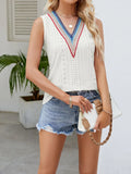 White eyelet V-neck tank with blue and red multicolor trim at neckline