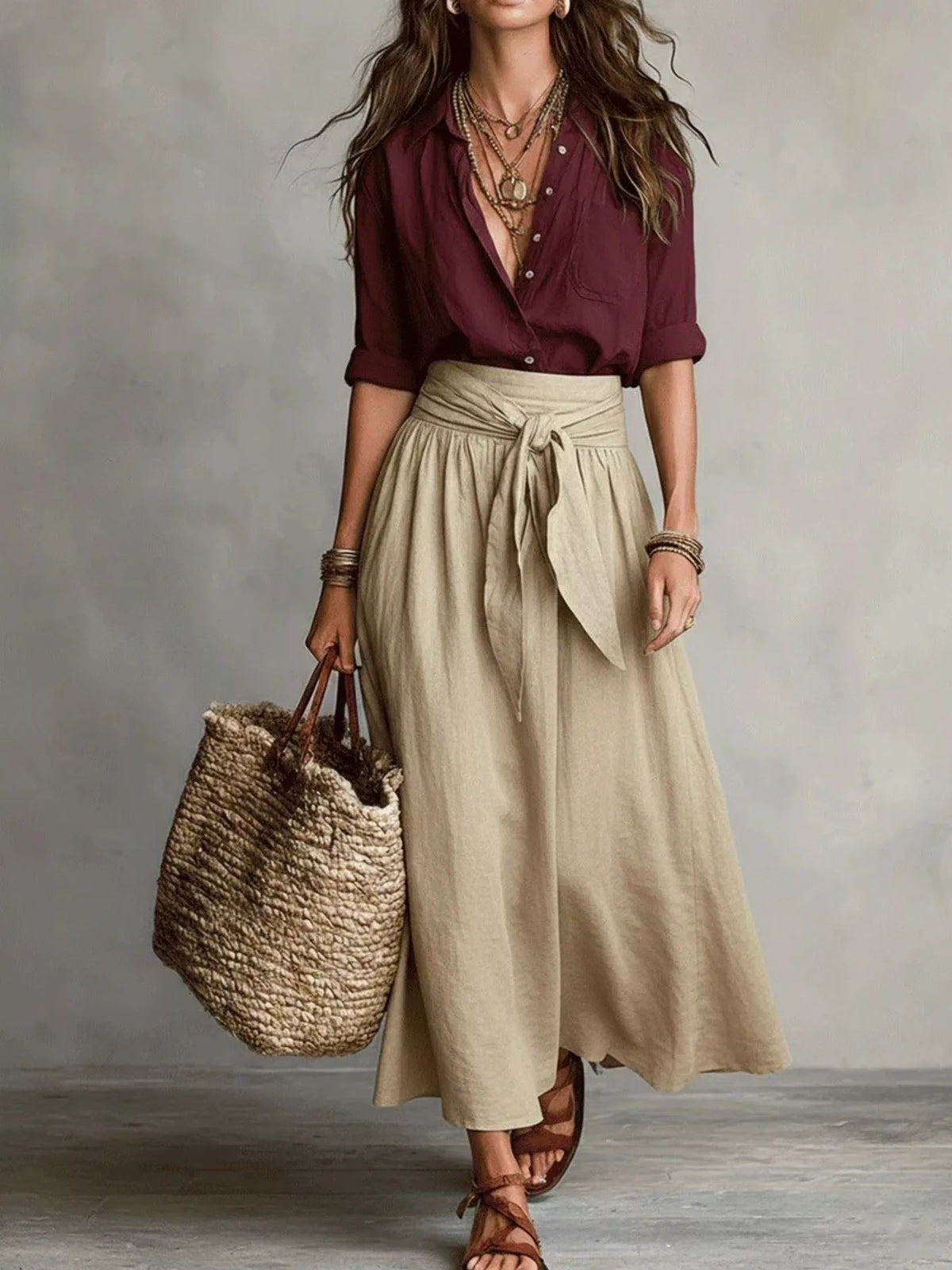 Button-down shirt and skirt set with burgundy shirt and tan bow waist skirt