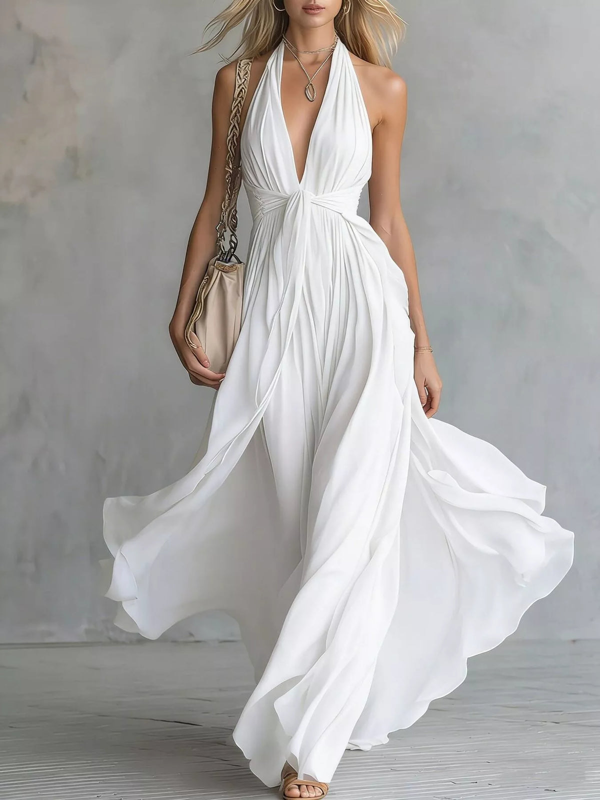 White crisscross back ruched halter stretch maxi dress with draped gathered skirt