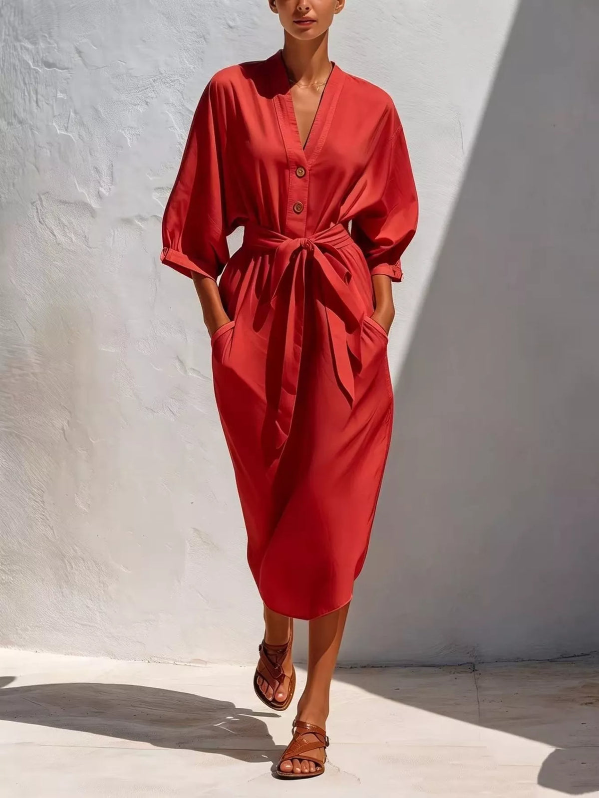 Red tie-waist V-neck midi dress with pockets, button-front and waist tie