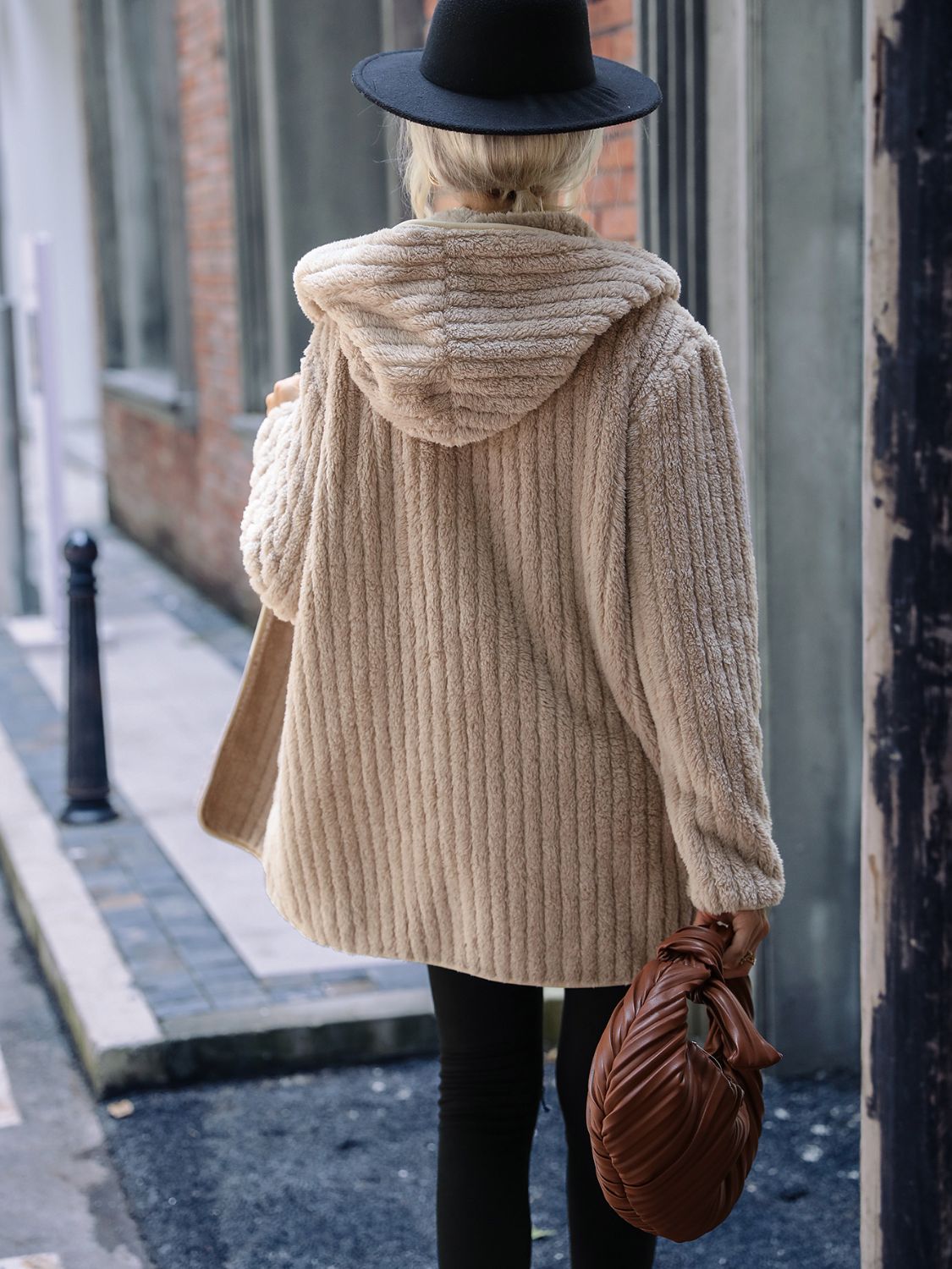 Sand ribbed hooded open-front coat, showing hood and back seam details