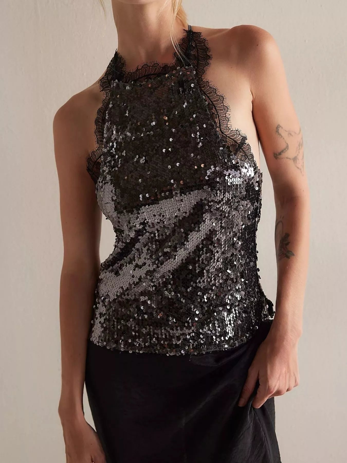 Cedar & Moore Sequin Lace Trim Halter Neck Cami in black by Trendsi