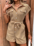 Camel collared button-front romper with tie waist and side pockets, short sleeves