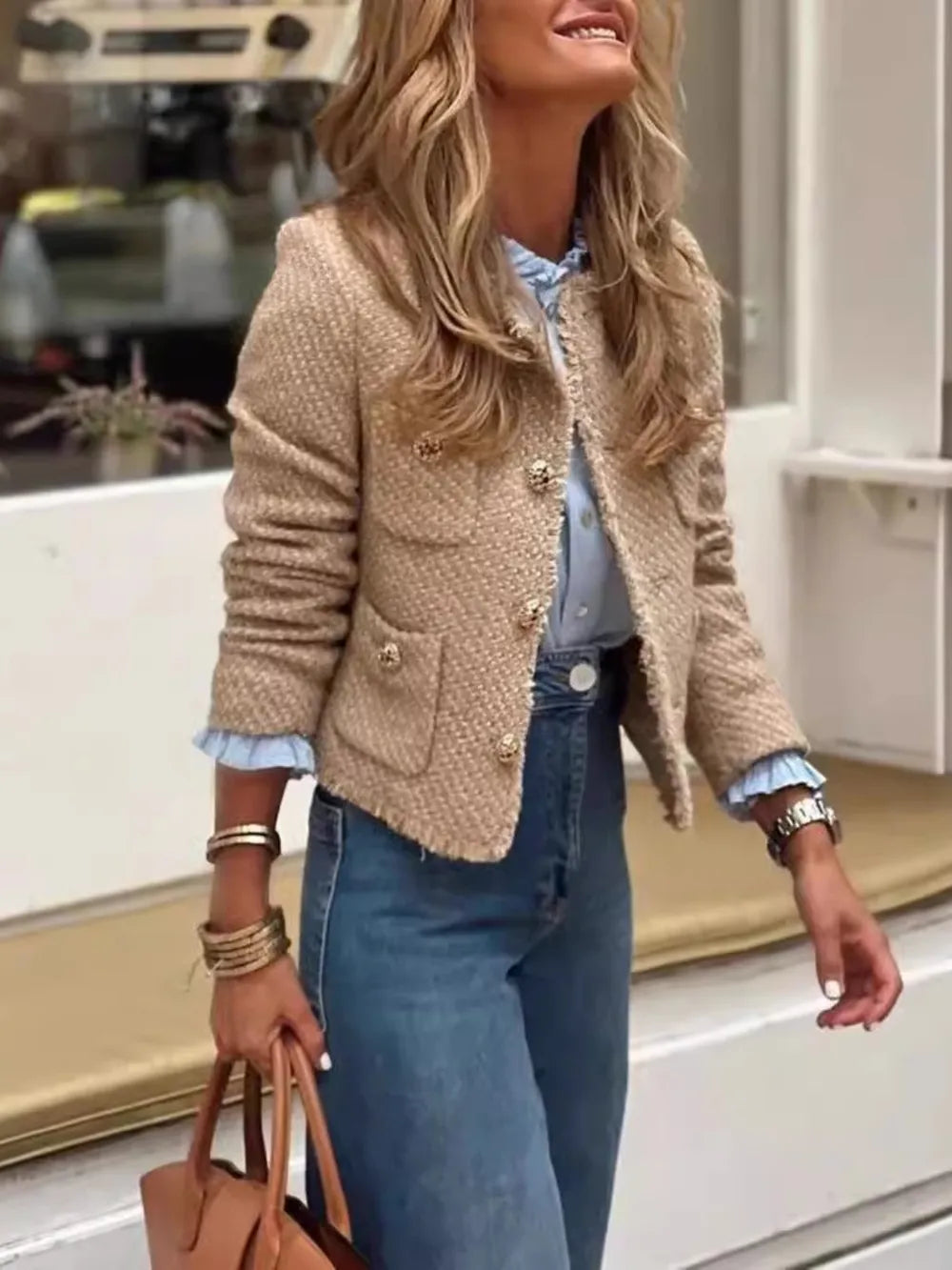 Camel tweed round-neck jacket with button front, raw hem, and front pockets