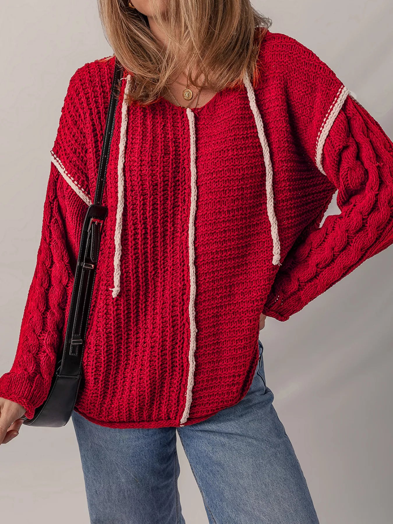 Deep red hooded sweater with white contrast stripes, drawstring, long sleeves