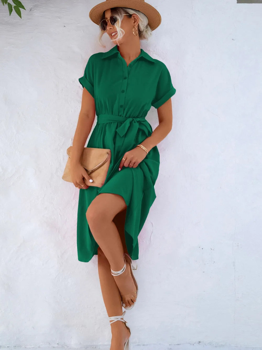 Green button-front tie-waist short sleeve dress with sash waist and midi length