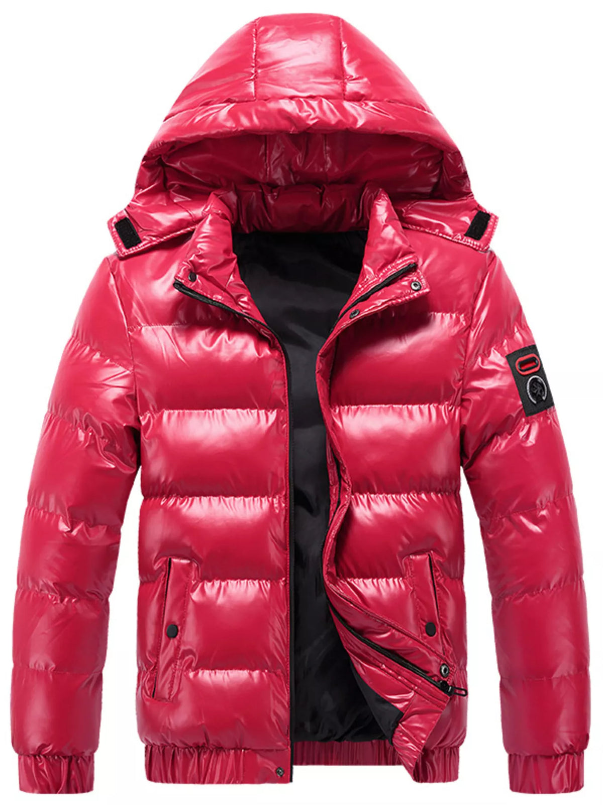 Men's hooded puffer jacket, red, full-zip with stand collar and hood detail.