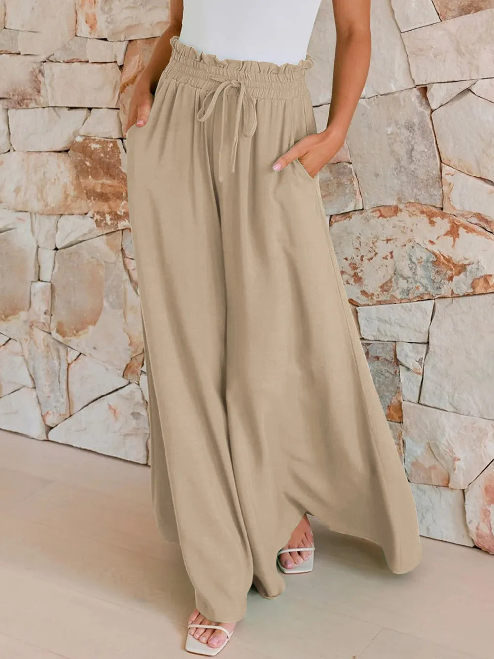 Drawstring wide-leg pants with elastic waist, beige