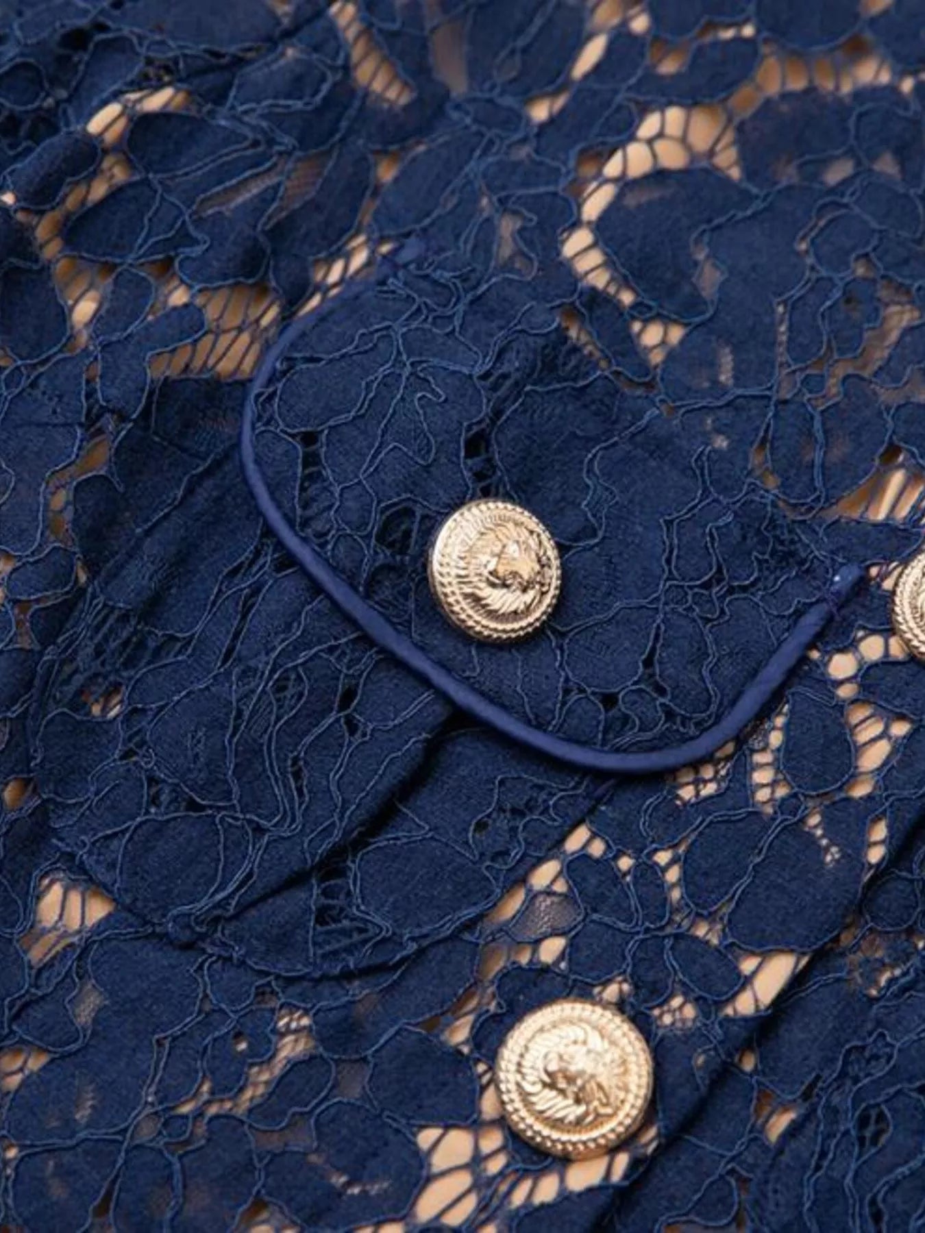 Cedar & Moore Lace Button-Down Midi Dress in navy blue lace with gold buttons