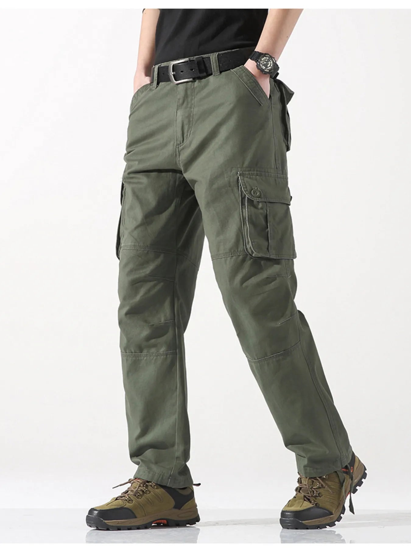 Wide leg cargo pants in olive green with belt and side cargo pockets