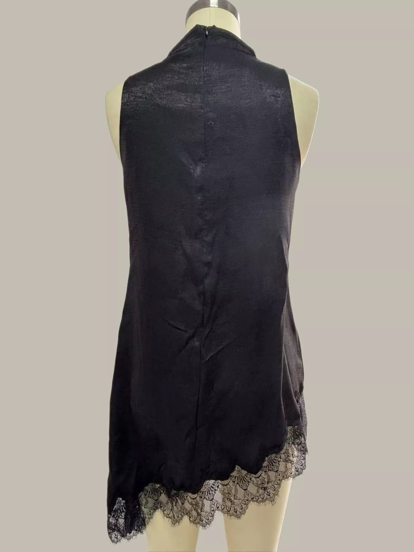 Cedar & Moore High Neck Lace Trim Cami in black satin with lace hem.