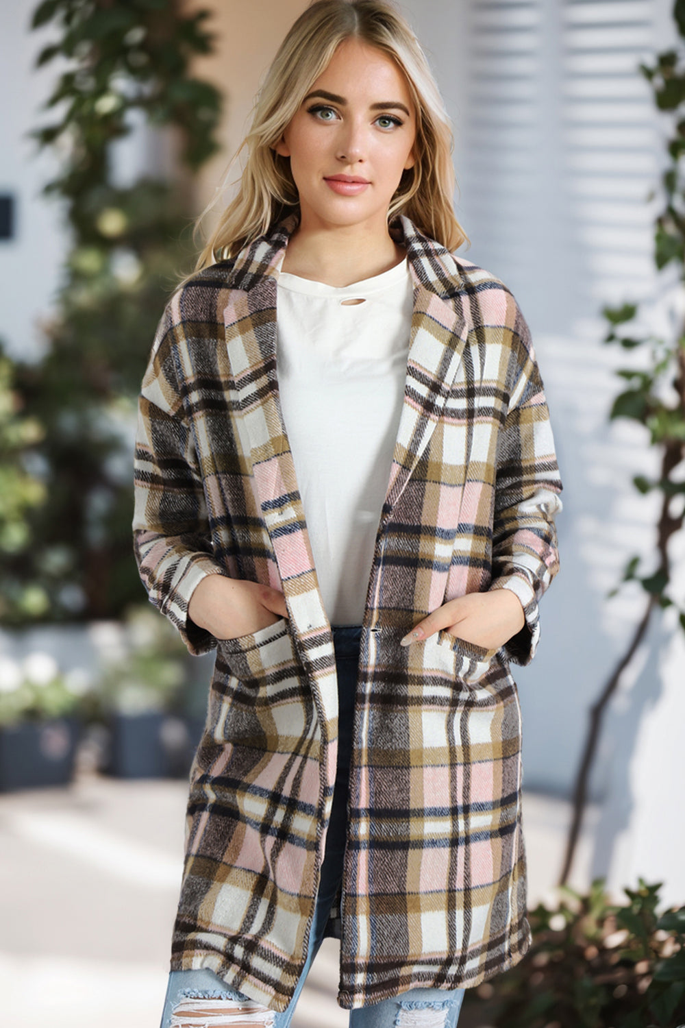 Plaid longline jacket with open front, beige navy and orange plaid, front pockets
