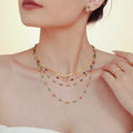 Gold-plated necklace with layered multicolor bead strands and small round spacers