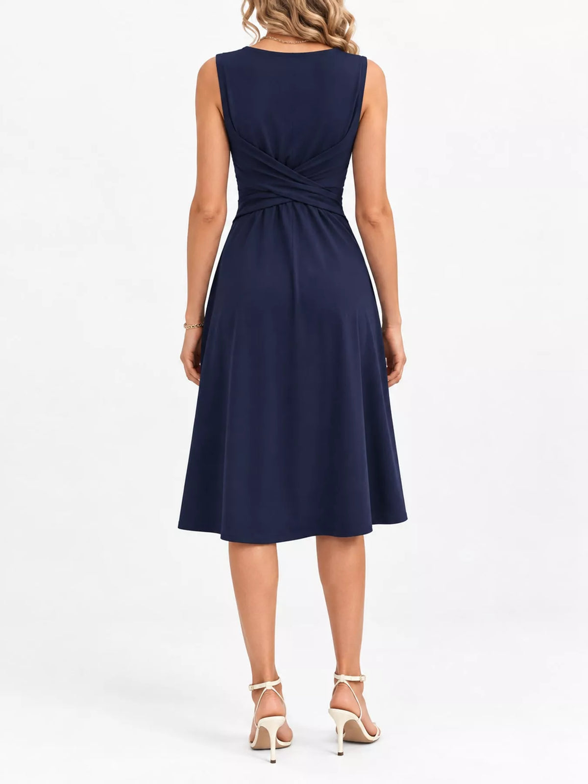 Navy sleeveless midi dress with gathered back and ruched crisscross waist detail