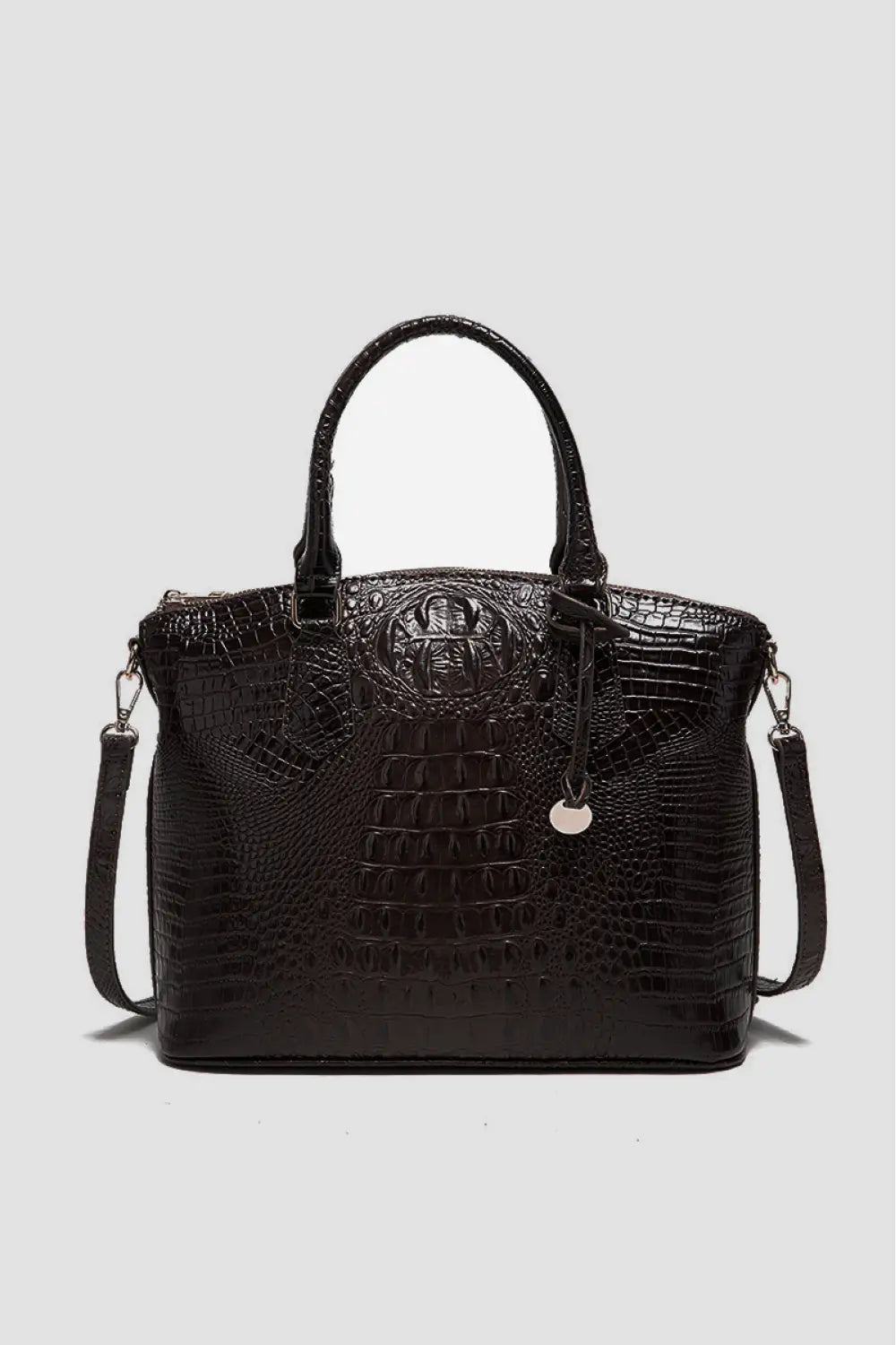 Vegan leather handbag in black with top handles and embossed crocodile texture