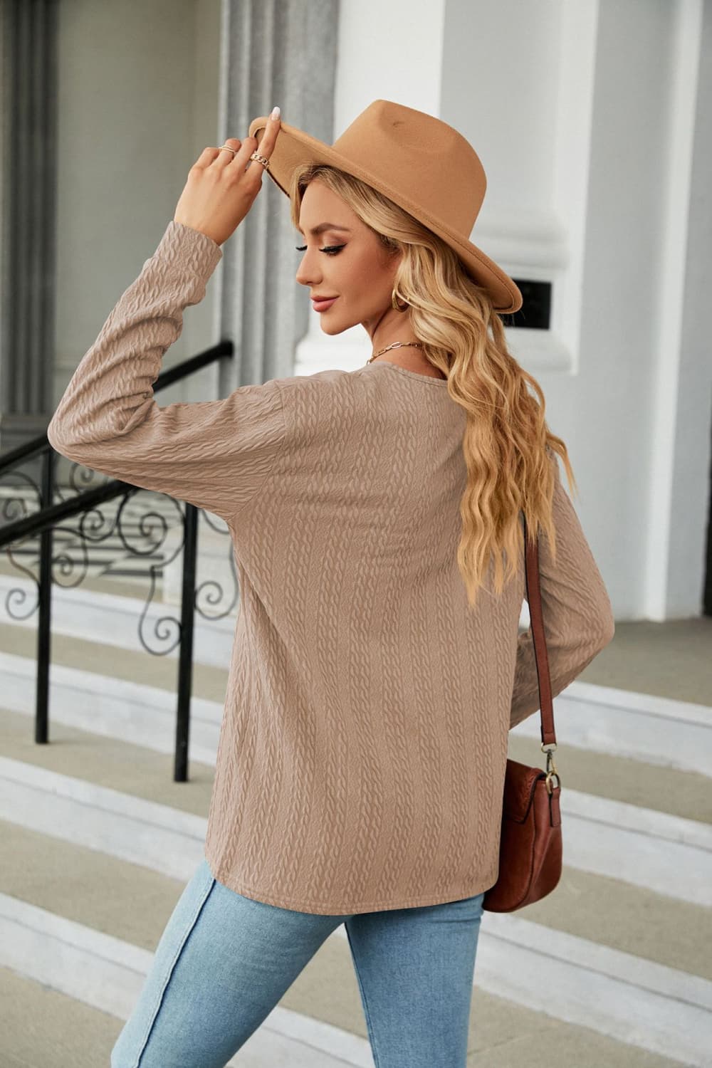 Cedar & Moore Decorative Button V-Neck Long Sleeve Knit Top in taupe with textured cable knit