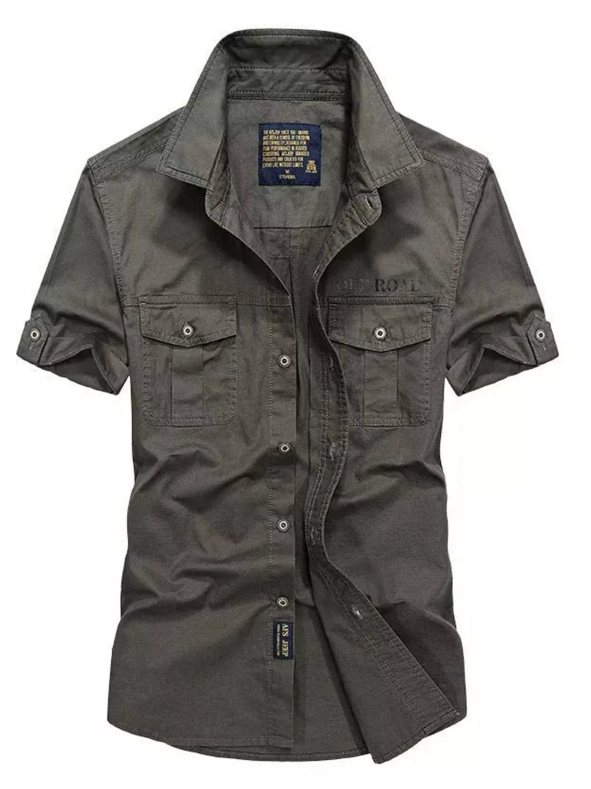 Men's casual short-sleeve button-front cotton shirt, army green, two chest pockets