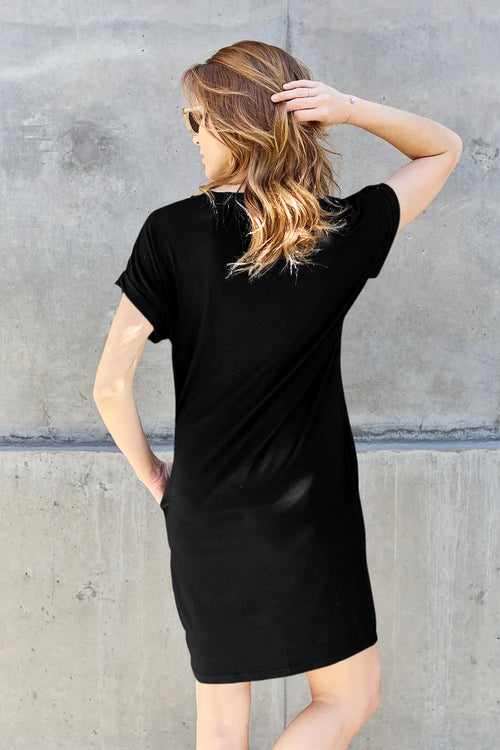 Black bamboo short-sleeve round-neck dress, back view, knee-length straight hem