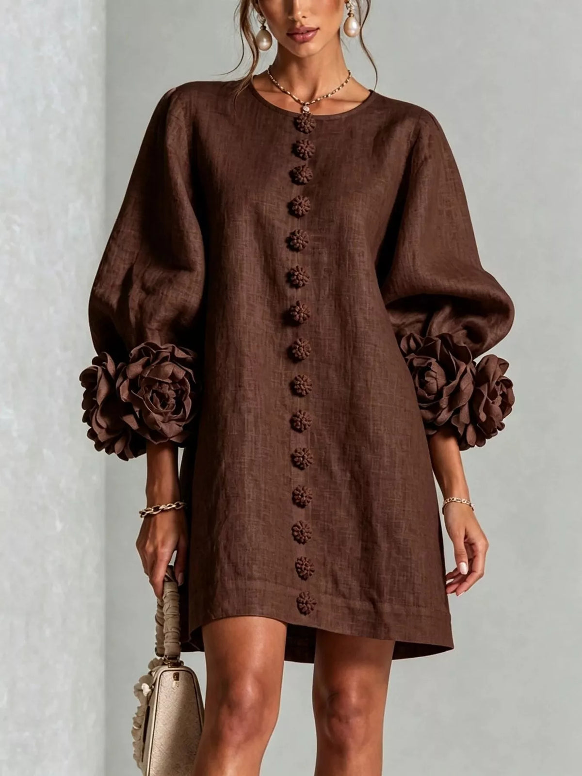 Brown linen mini dress with 3D floral applique placket and rose cuff puff sleeves