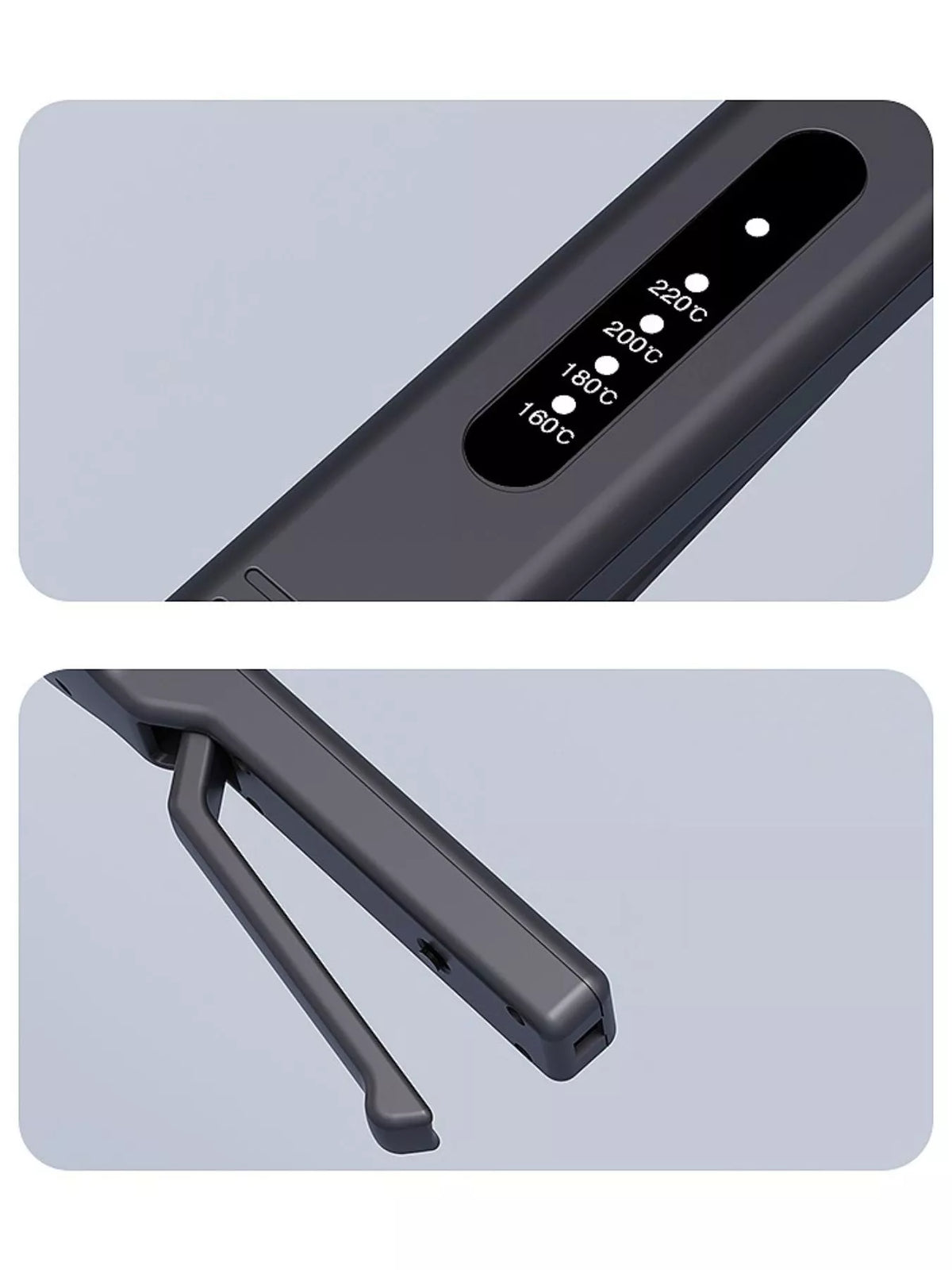 Black straightener control panel showing temperature buttons and level markings