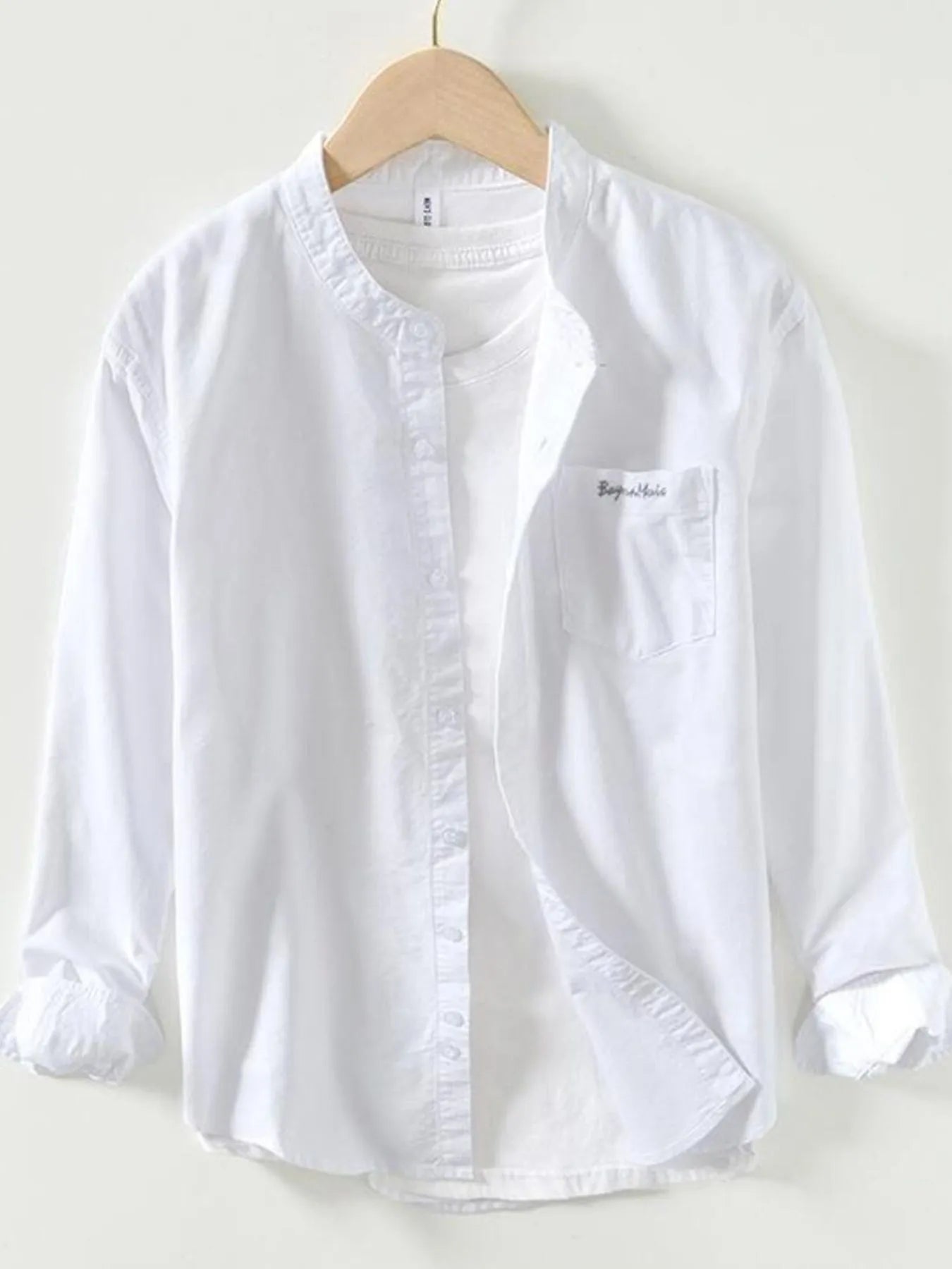 Men's button-up long-sleeve shirt, white, button front with chest pocket