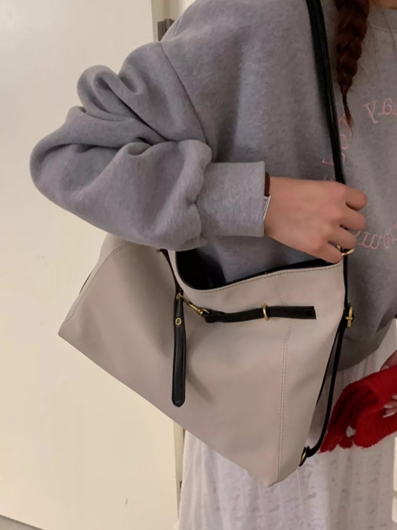 Buckle Decor Shoulder Bag, large beige PU leather with black strap and gold hardware