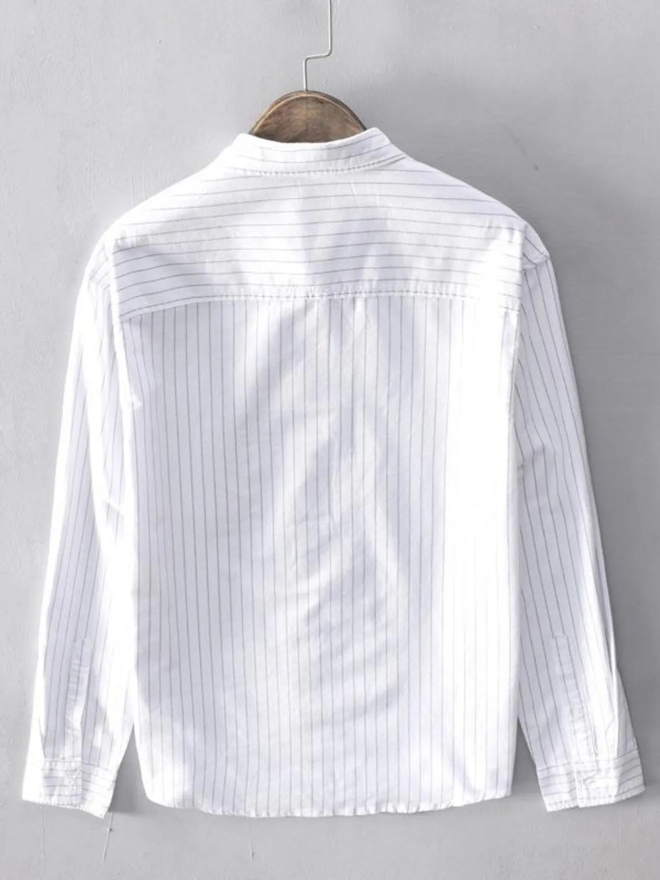 Men's plus size button-up long sleeve shirt, white vertical stripes, back view