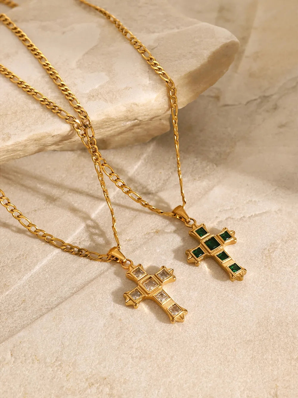 Gold-tone cross pendant necklace with green and clear square-stone cross pendant