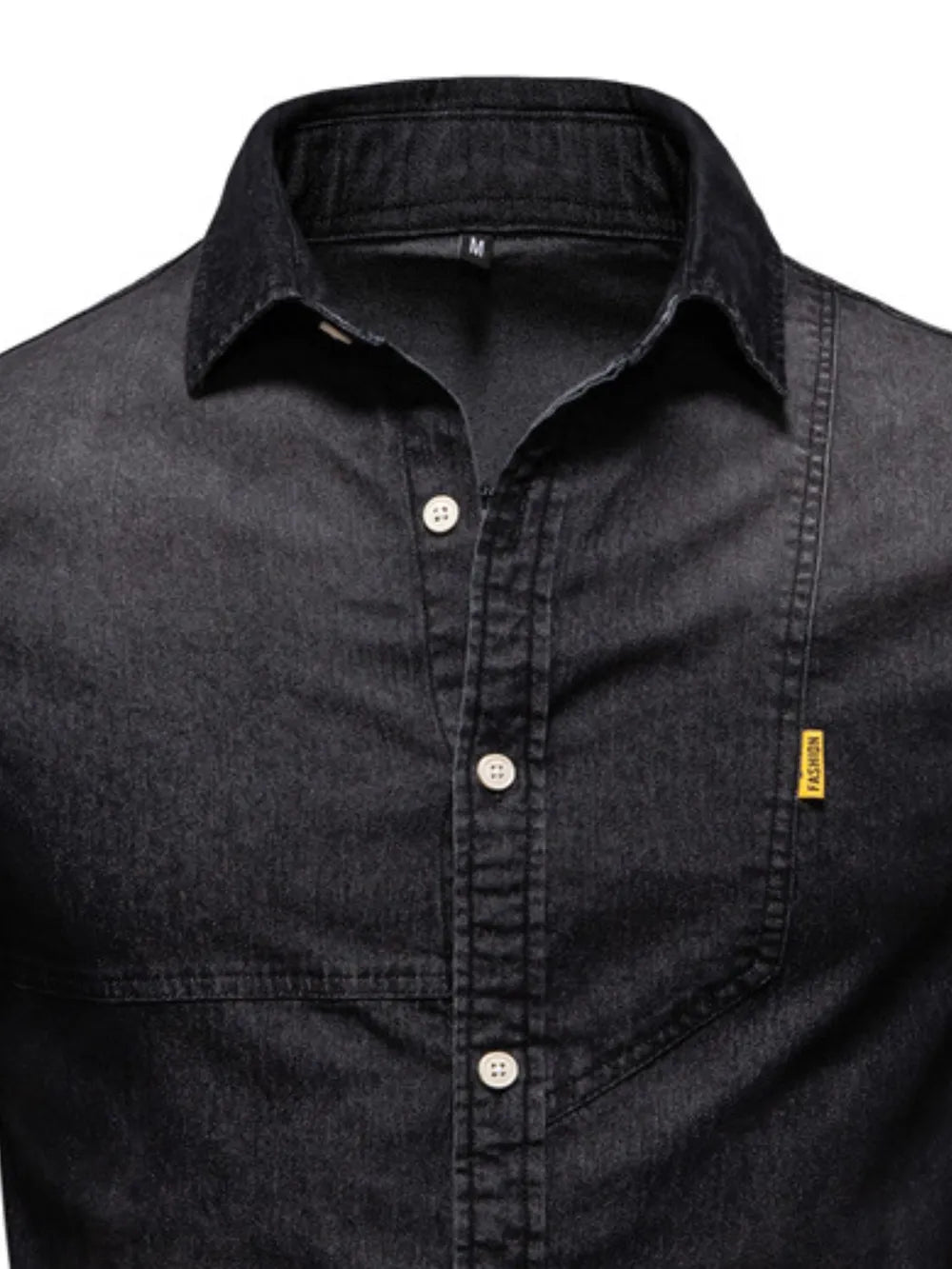 Dark denim button-down shirt close-up with pointed collar and front button placket