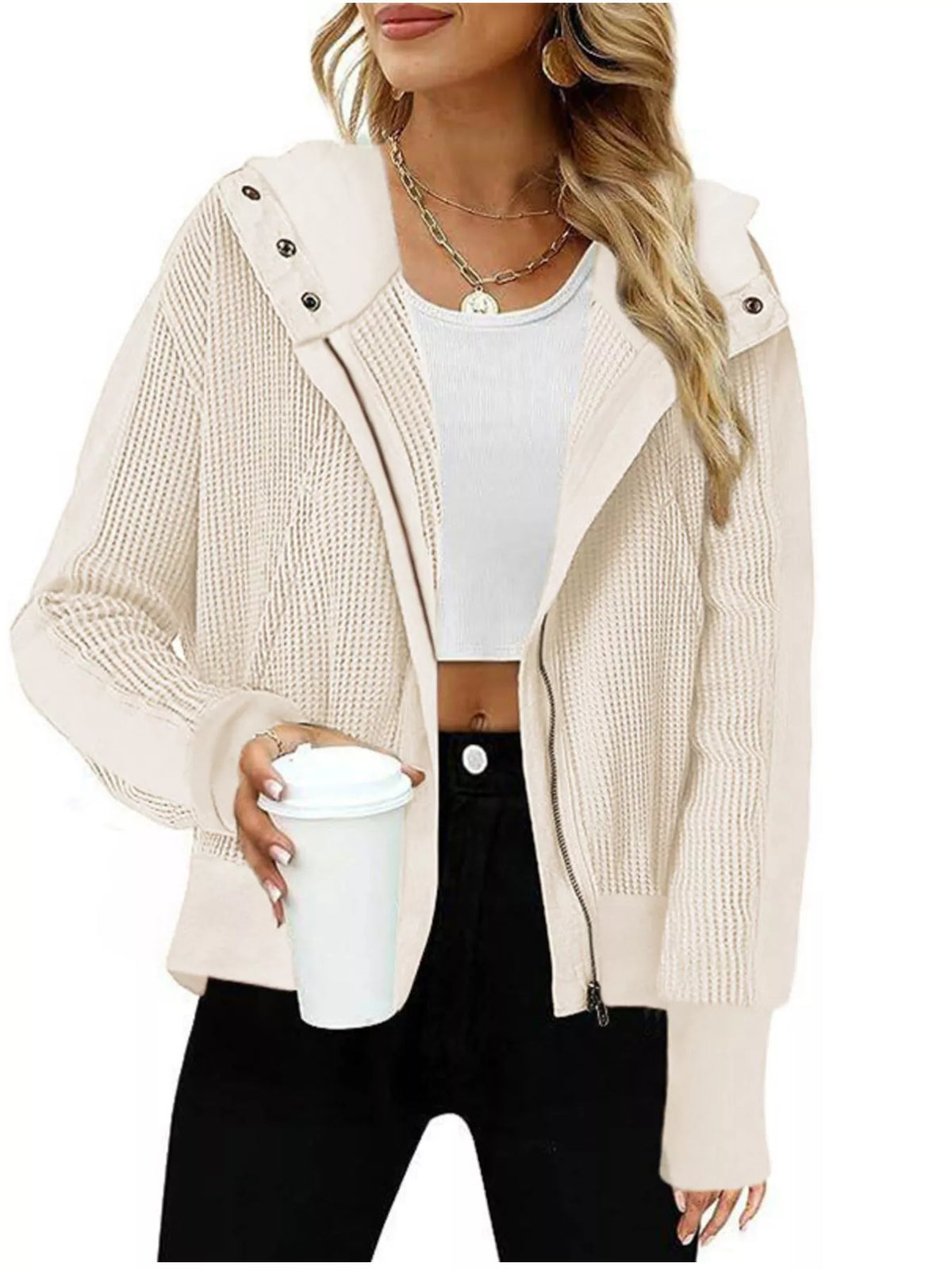 Cream waffle-knit zip-up hoodie jacket for women with snap-button front