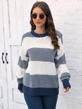 Striped knit sweater with round neck, drop-shoulder long sleeves in navy and white