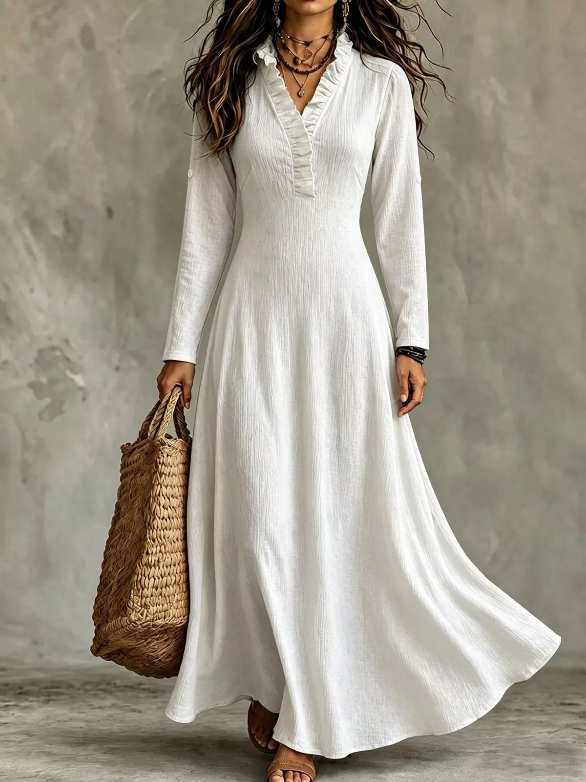White ruffled V-neck maxi dress with roll-up sleeves and front button placket