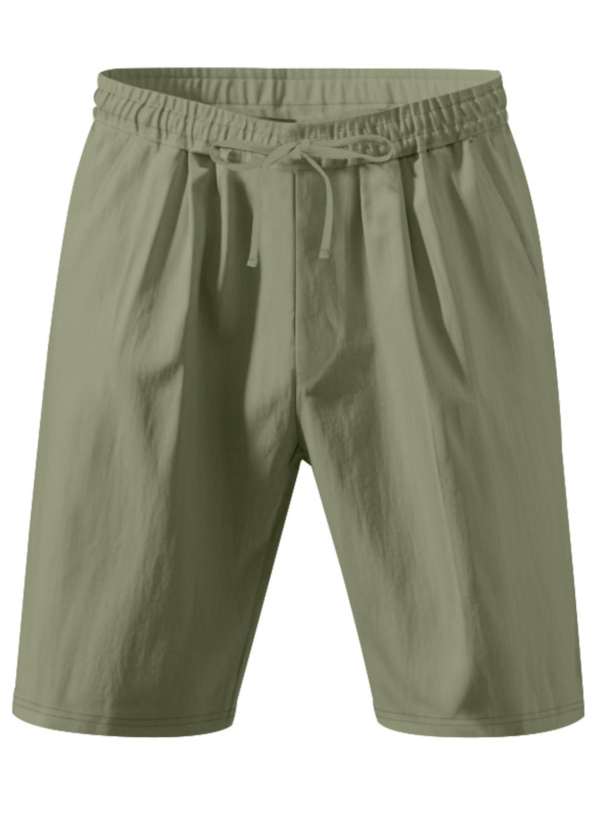 Olive green men’s lightweight drawstring shorts with elastic waistband, relaxed fit.
